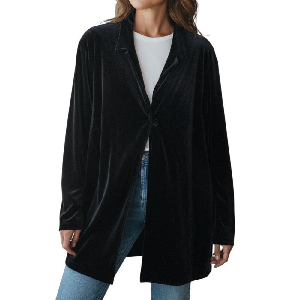 Coldwater Creek Dark Navy Velvet Blazer Jacket Longline Soft Stretch Size 14